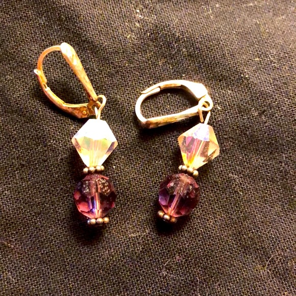 Sterling silver and purple/pink crystal ear drops - Picture 3 of 3